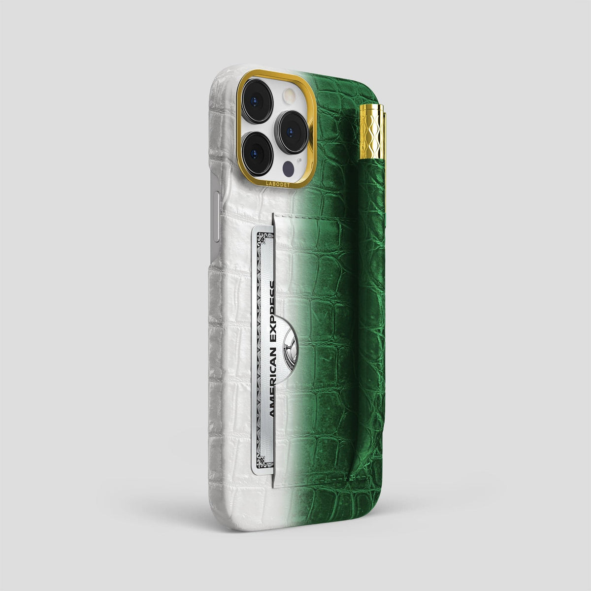 Green iPhone 14 Pro Max Card and Pen Holder Case Himalayan Crocodile with Gold Metal -2 | Green-Gold