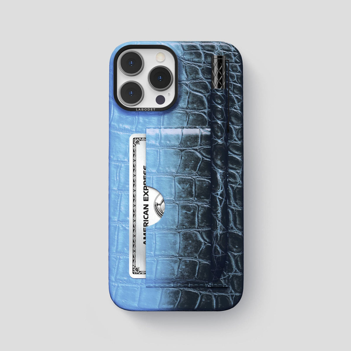 Lavender iPhone 14 Pro Max Card and Pen Holder Case Himalayan Crocodile with Black Metal -1 | Lavender-Black