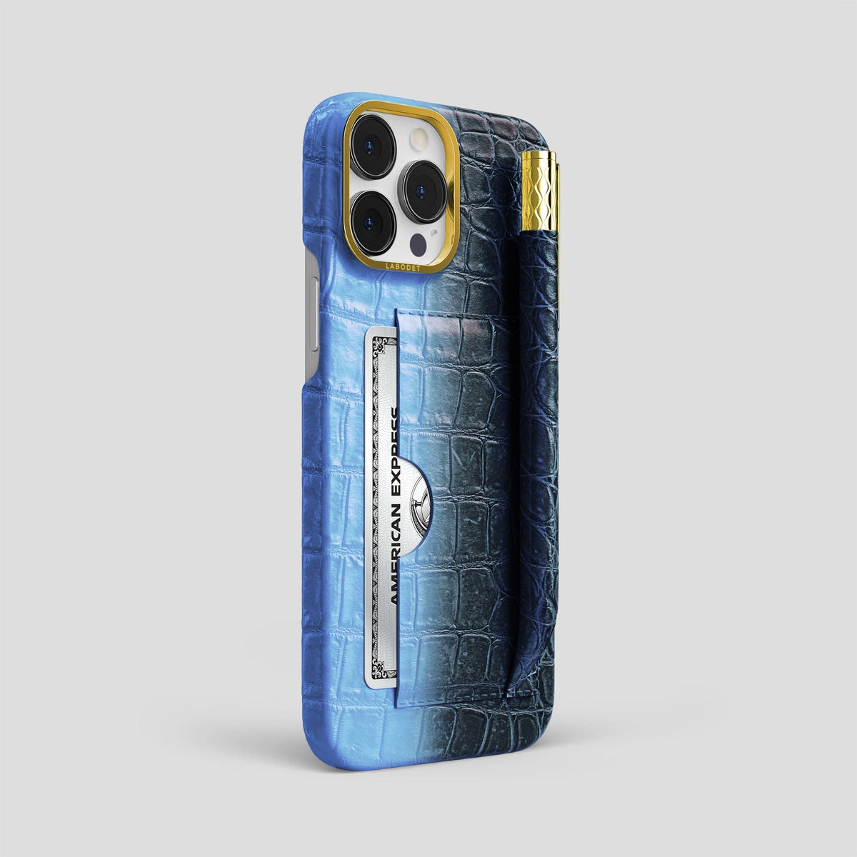 Lavender iPhone 14 Pro Max Card and Pen Holder Case Himalayan Crocodile with Gold Metal -2 | Lavender-Gold
