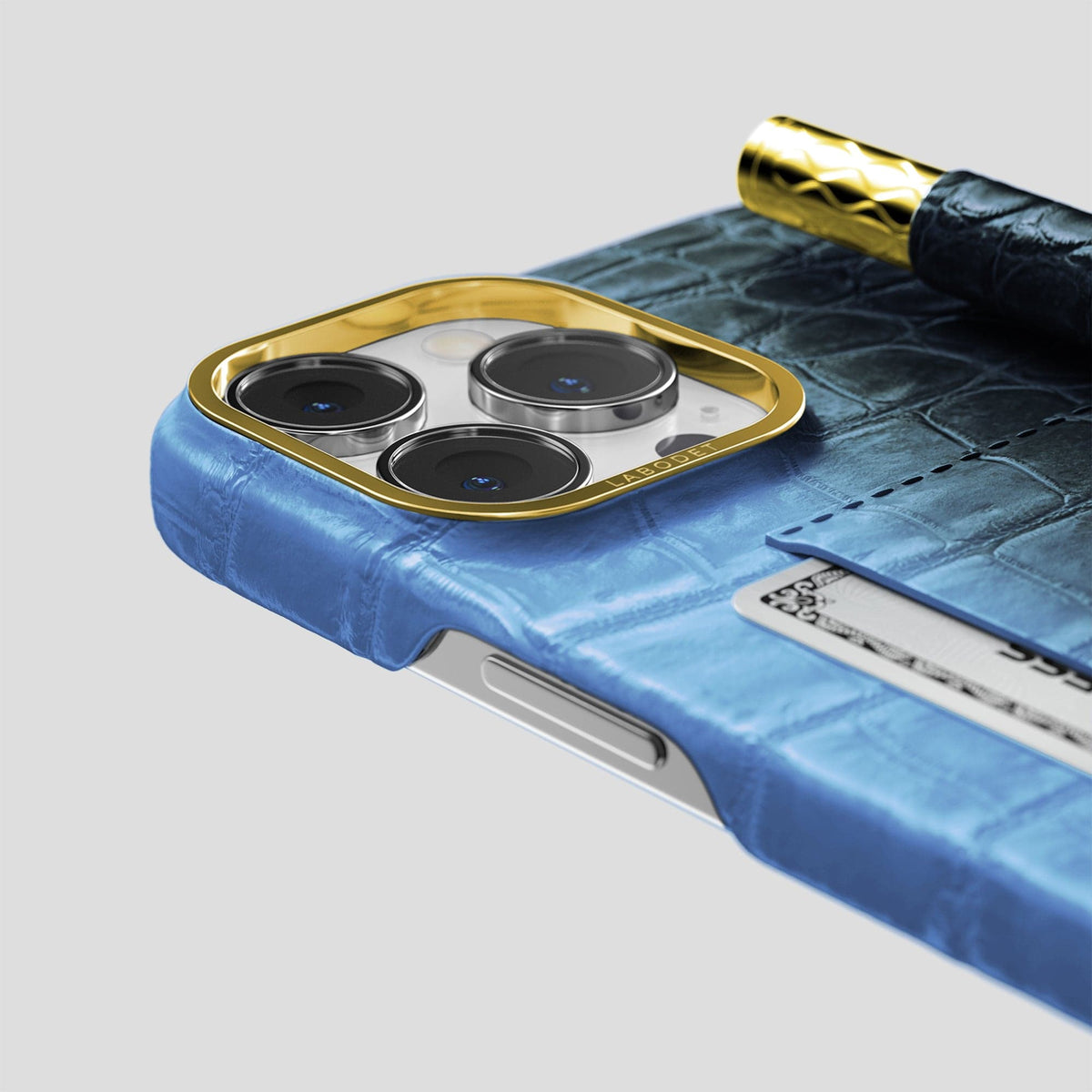 Lavender iPhone 14 Pro Max Card and Pen Holder Case Himalayan Crocodile with Gold Metal -4 | Lavender-Gold