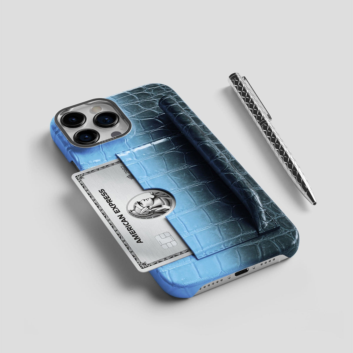 Lavender iPhone 14 Pro Max Card and Pen Holder Case Himalayan Crocodile with Steel Metal -5 | Lavender-Steel