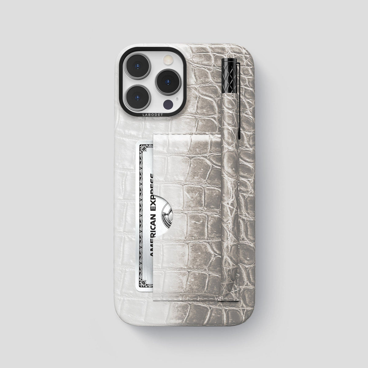 Grey iPhone 14 Pro Max Card and Pen Holder Case Himalayan Crocodile with Black Metal -1 | Grey-Black
