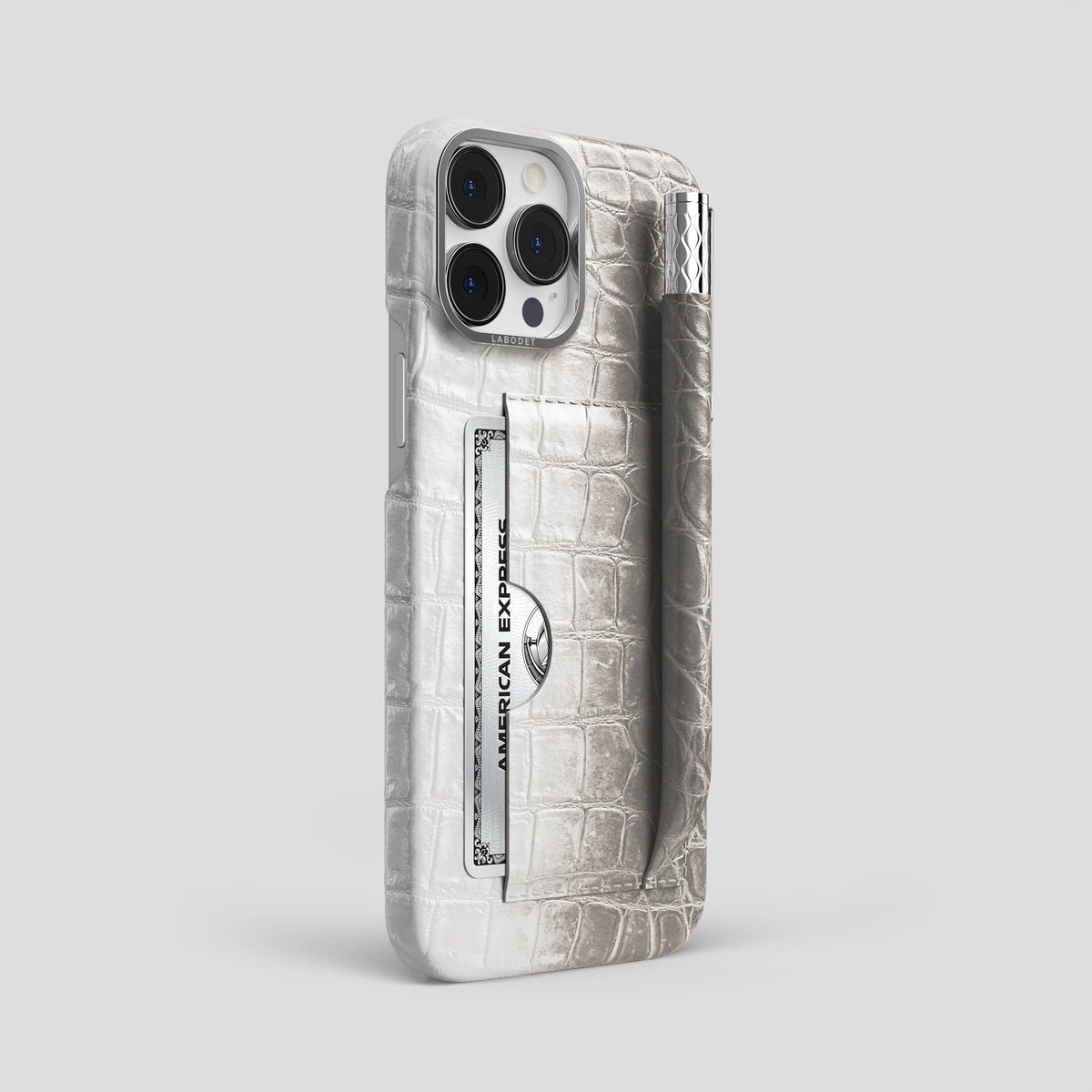 Grey iPhone 14 Pro Max Card and Pen Holder Case Himalayan Crocodile with Steel Metal -2 | Grey-Steel