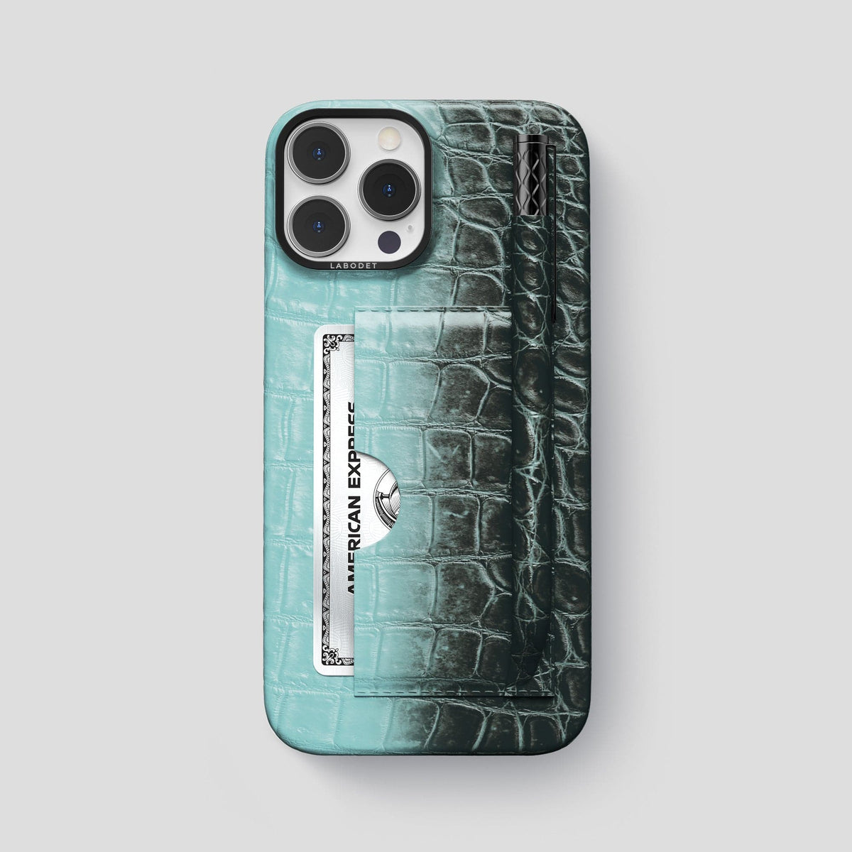 Light-Mint iPhone 14 Pro Max Card and Pen Holder Case Himalayan Crocodile with Black Metal -1 | Light-Mint-Black