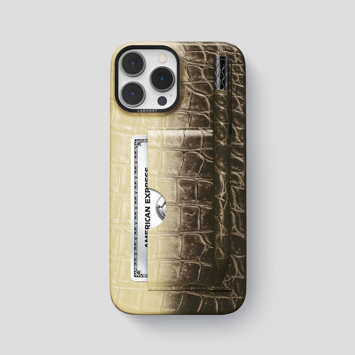 Natural iPhone 14 Pro Max Card and Pen Holder Case Himalayan Crocodile with Black Metal -1 | Natural-Black