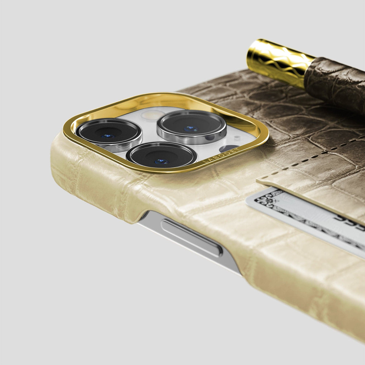 Natural iPhone 14 Pro Max Card and Pen Holder Case Himalayan Crocodile with Gold Metal -4 | Natural-Gold