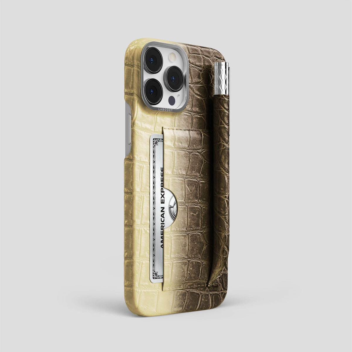 Natural iPhone 14 Pro Max Card and Pen Holder Case Himalayan Crocodile with Steel Metal -2 | Natural-Steel