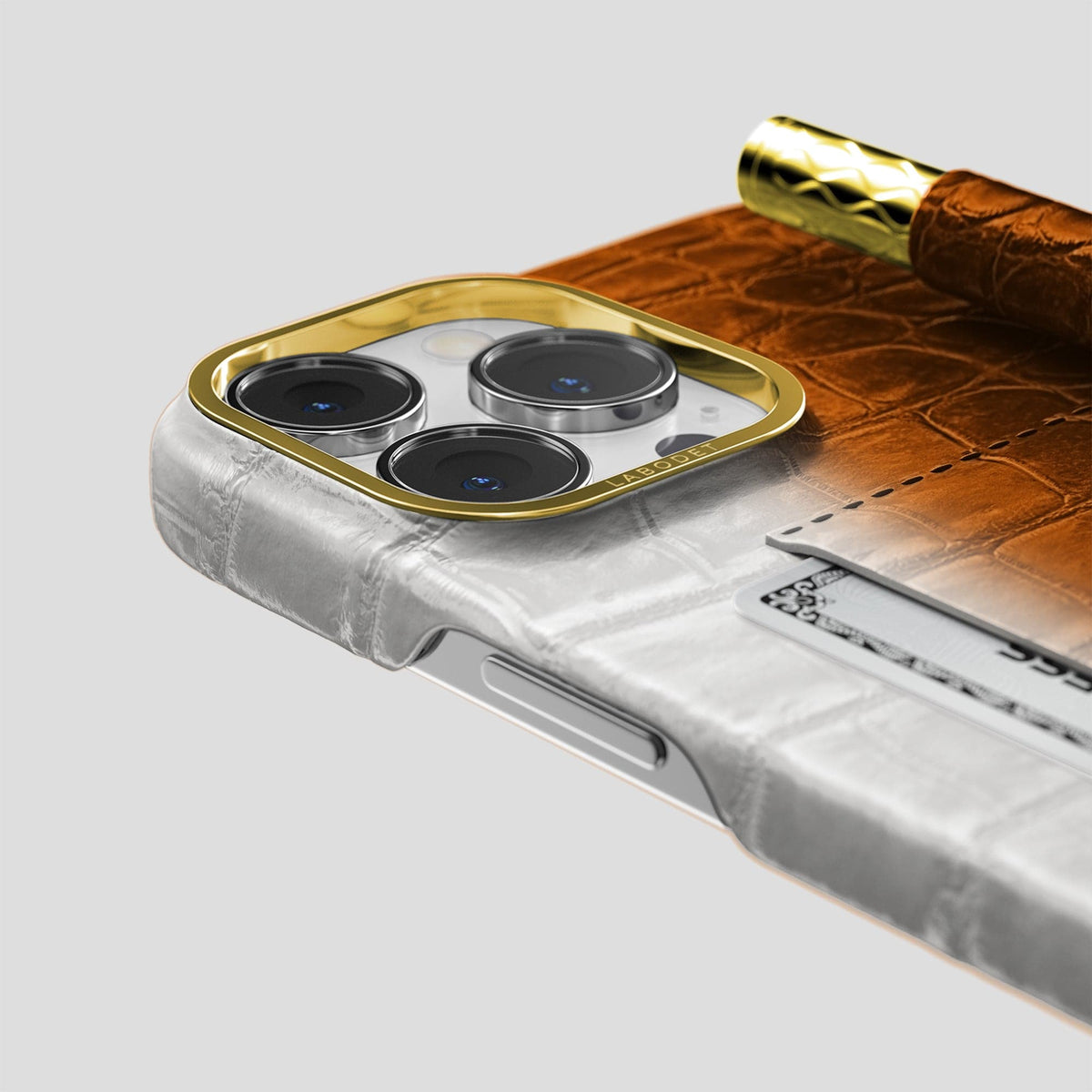 Orange iPhone 14 Pro Max Card and Pen Holder Case Himalayan Crocodile with Gold Metal -4 | Orange-Gold