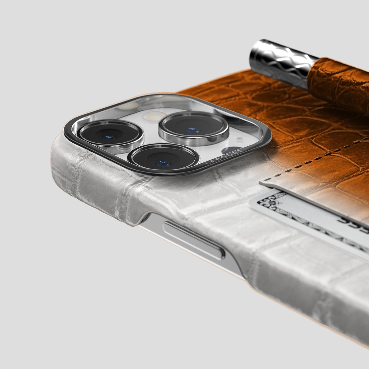 Orange iPhone 14 Pro Max Card and Pen Holder Case Himalayan Crocodile with Steel Metal -4 | Orange-Steel