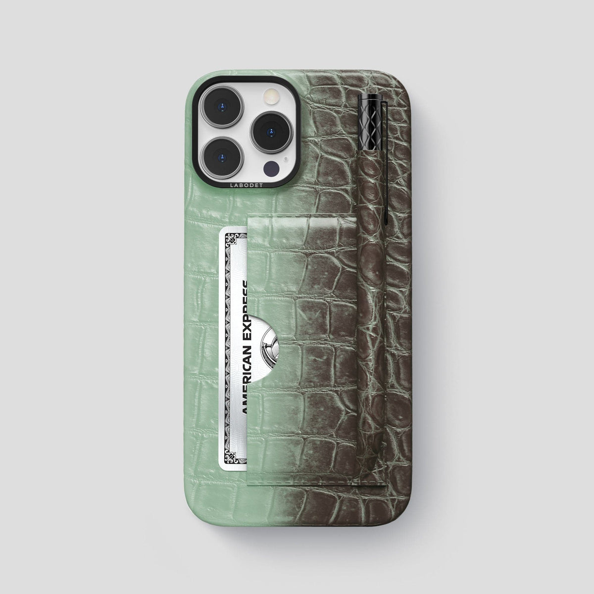 Pistachio iPhone 14 Pro Max Card and Pen Holder Case Himalayan Crocodile with Black Metal -1 | Pistachio-Black