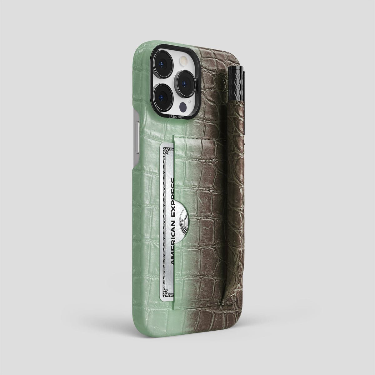 Pistachio iPhone 14 Pro Max Card and Pen Holder Case Himalayan Crocodile with Black Metal -2 | Pistachio-Black
