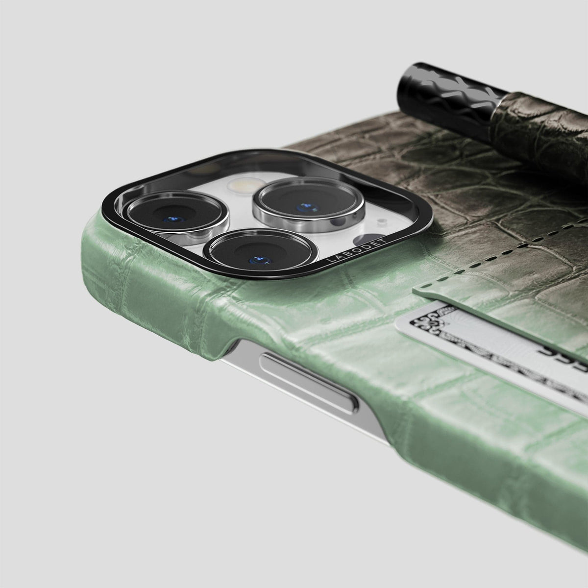 Pistachio iPhone 14 Pro Max Card and Pen Holder Case Himalayan Crocodile with Black Metal -4 | Pistachio-Black