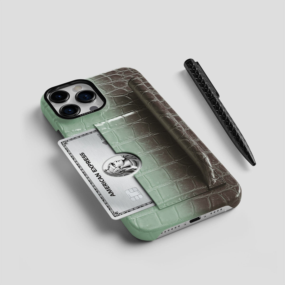 Pistachio iPhone 14 Pro Max Card and Pen Holder Case Himalayan Crocodile with Black Metal -5 | Pistachio-Black