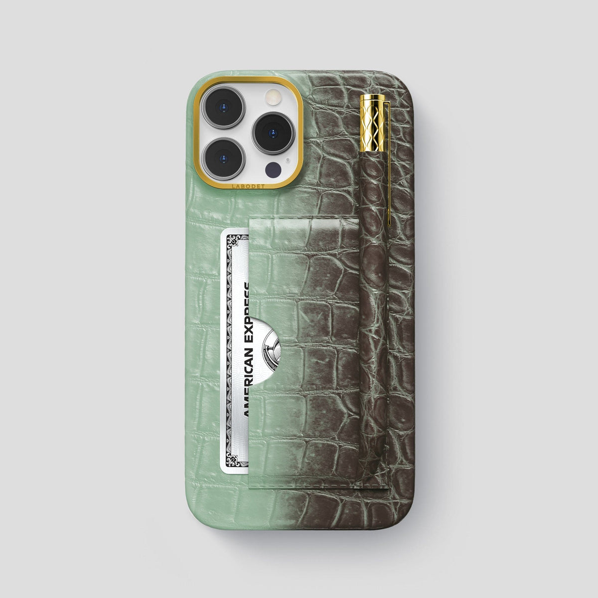 Pistachio iPhone 14 Pro Max Card and Pen Holder Case Himalayan Crocodile with Gold Metal -1 | Pistachio-Gold