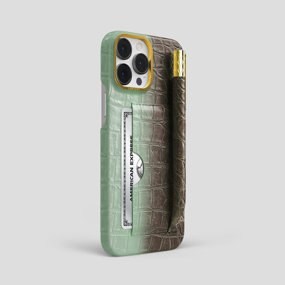 Pistachio iPhone 14 Pro Max Card and Pen Holder Case Himalayan Crocodile with Gold Metal -2 | Pistachio-Gold