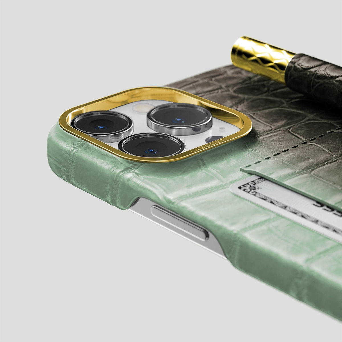 Pistachio iPhone 14 Pro Max Card and Pen Holder Case Himalayan Crocodile with Gold Metal -4 | Pistachio-Gold