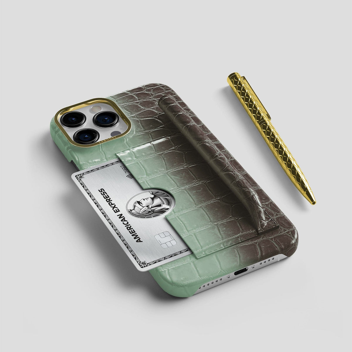 Pistachio iPhone 14 Pro Max Card and Pen Holder Case Himalayan Crocodile with Gold Metal -5 | Pistachio-Gold