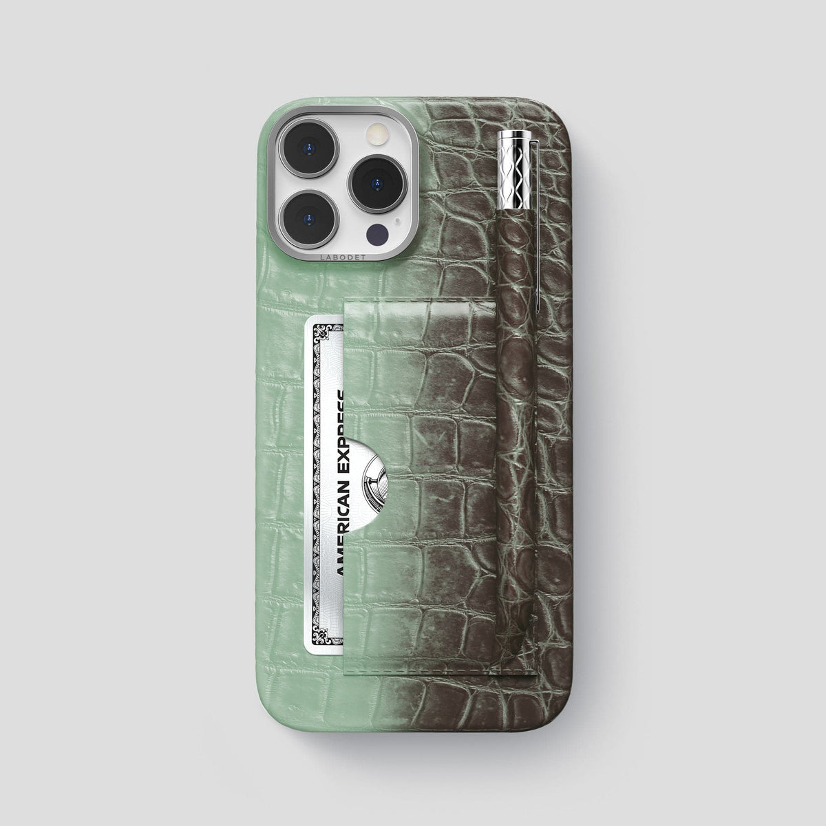 Pistachio iPhone 14 Pro Max Card and Pen Holder Case Himalayan Crocodile with Steel Metal -1 | Pistachio-Steel