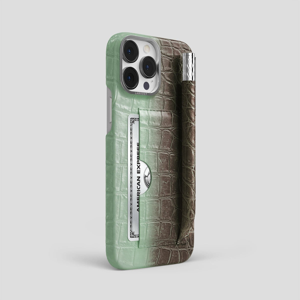 Pistachio iPhone 14 Pro Max Card and Pen Holder Case Himalayan Crocodile with Steel Metal -2 | Pistachio-Steel