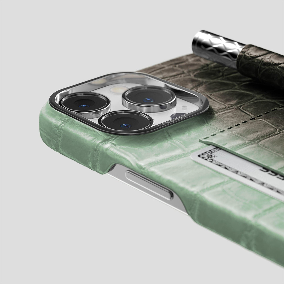 Pistachio iPhone 14 Pro Max Card and Pen Holder Case Himalayan Crocodile with Steel Metal -4 | Pistachio-Steel