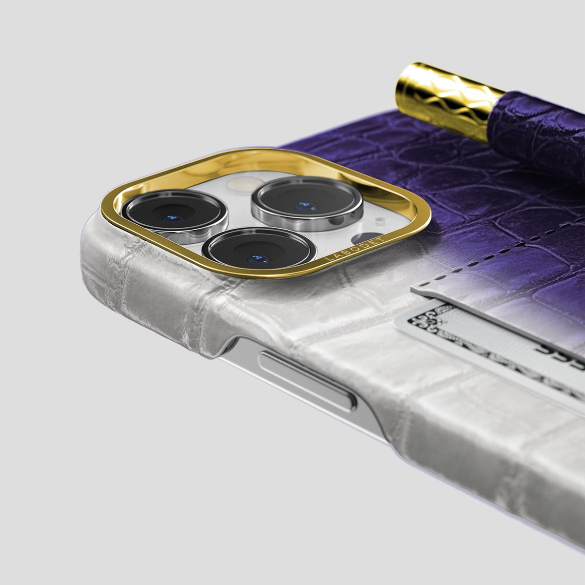Purple iPhone 14 Pro Max Card and Pen Holder Case Himalayan Crocodile with Gold Metal -4 | Purple-Gold