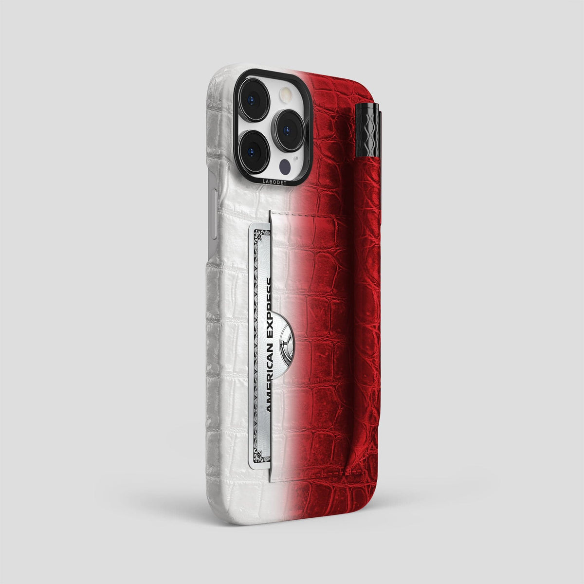 Red iPhone 14 Pro Max Card and Pen Holder Case Himalayan Crocodile with Black Metal -2 | Red-Black