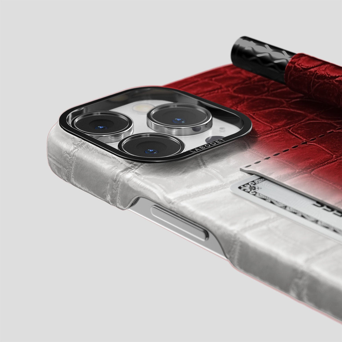 Red iPhone 14 Pro Max Card and Pen Holder Case Himalayan Crocodile with Black Metal -4 | Red-Black