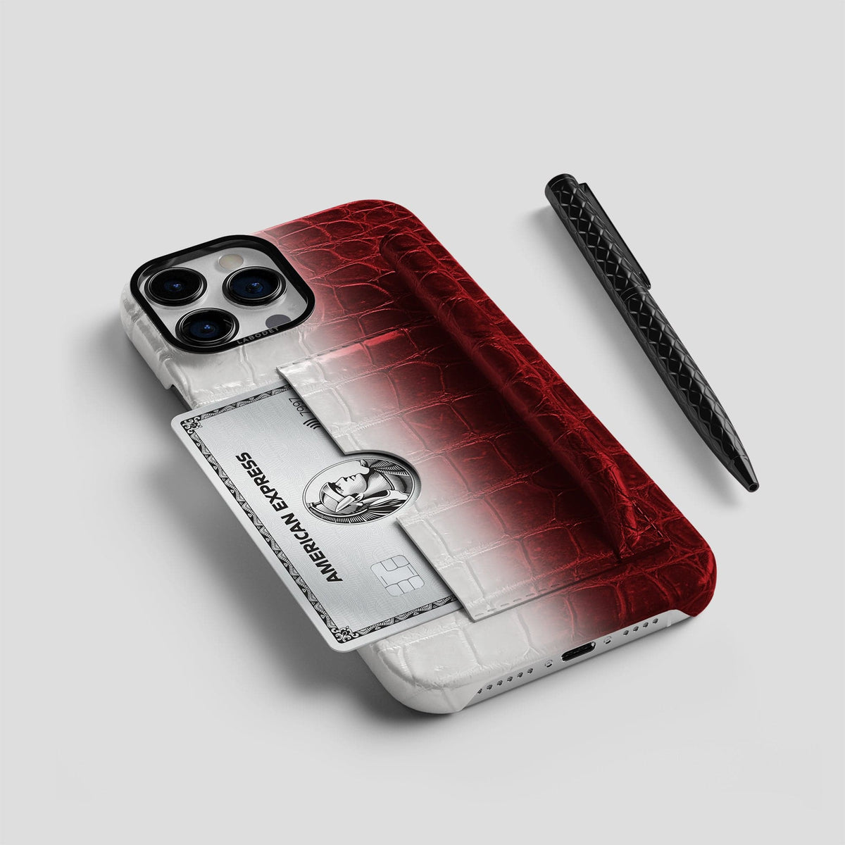 Red iPhone 14 Pro Max Card and Pen Holder Case Himalayan Crocodile with Black Metal -5 | Red-Black