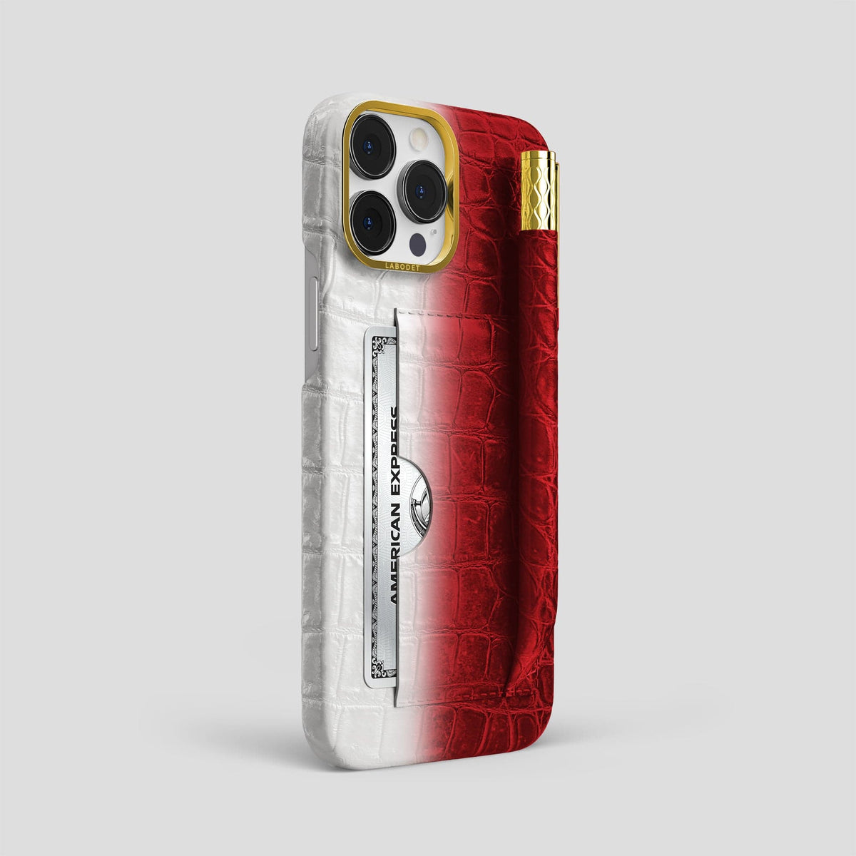 Red iPhone 14 Pro Max Card and Pen Holder Case Himalayan Crocodile with Gold Metal -2 | Red-Gold