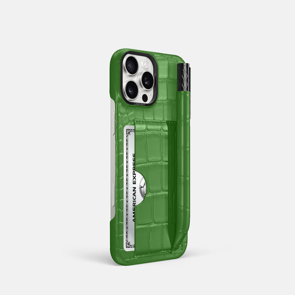 Apple-Green iPhone 16 Pro Card and Pen Holder Case Alligator with Black Metal -2 | Apple-Green-Black