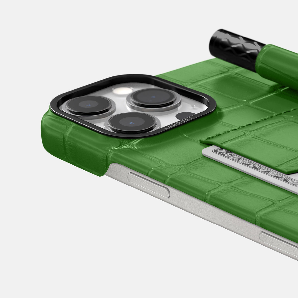 Apple-Green iPhone 16 Pro Card and Pen Holder Case Alligator with Black Metal -4 | Apple-Green-Black