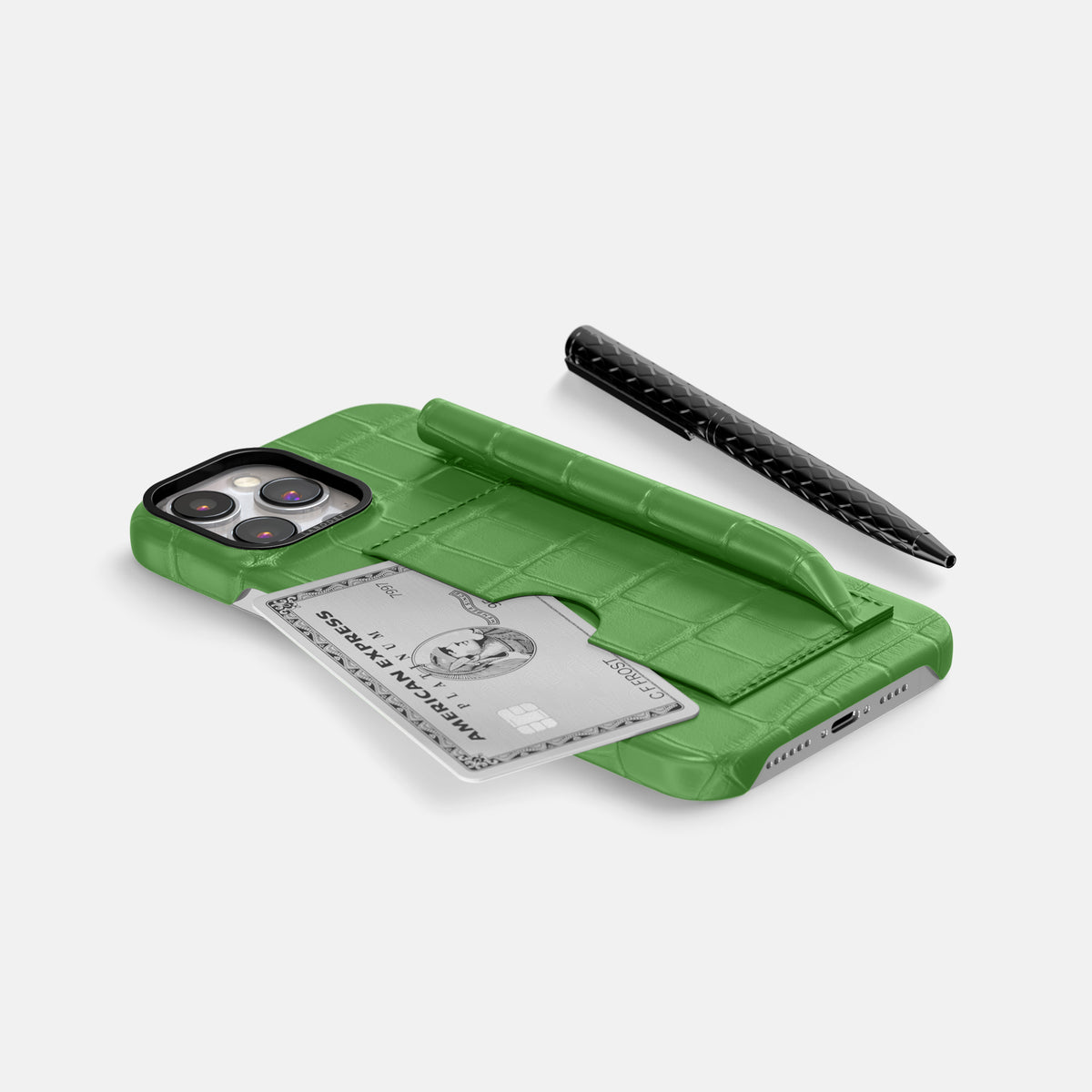 Apple-Green iPhone 16 Pro Card and Pen Holder Case Alligator with Black Metal -5 | Apple-Green-Black