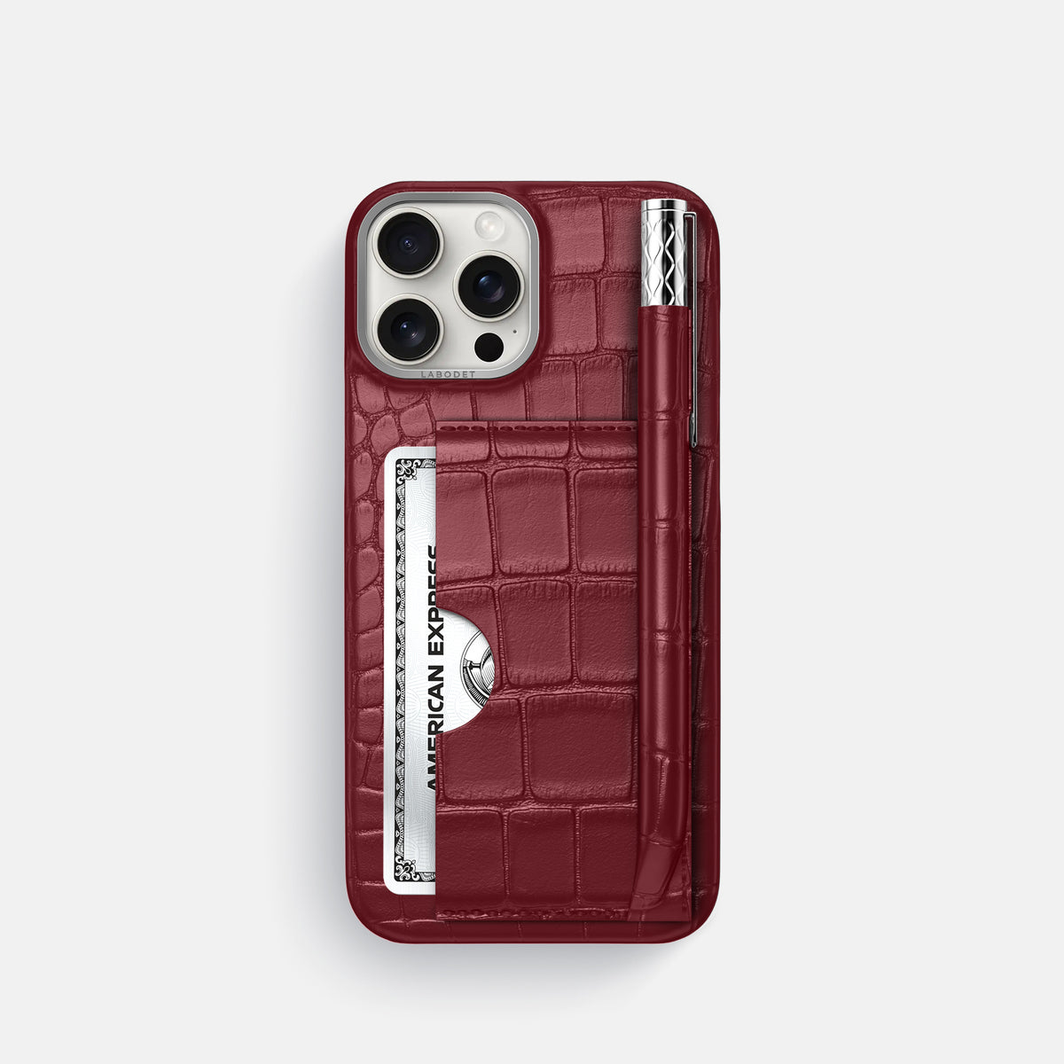Burgundy iPhone 16 Pro Card and Pen Holder Case Alligator with Steel Metal -1 | Burgundy-Steel