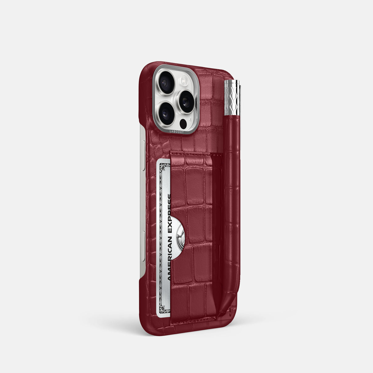 Burgundy iPhone 16 Pro Card and Pen Holder Case Alligator with Steel Metal -2 | Burgundy-Steel