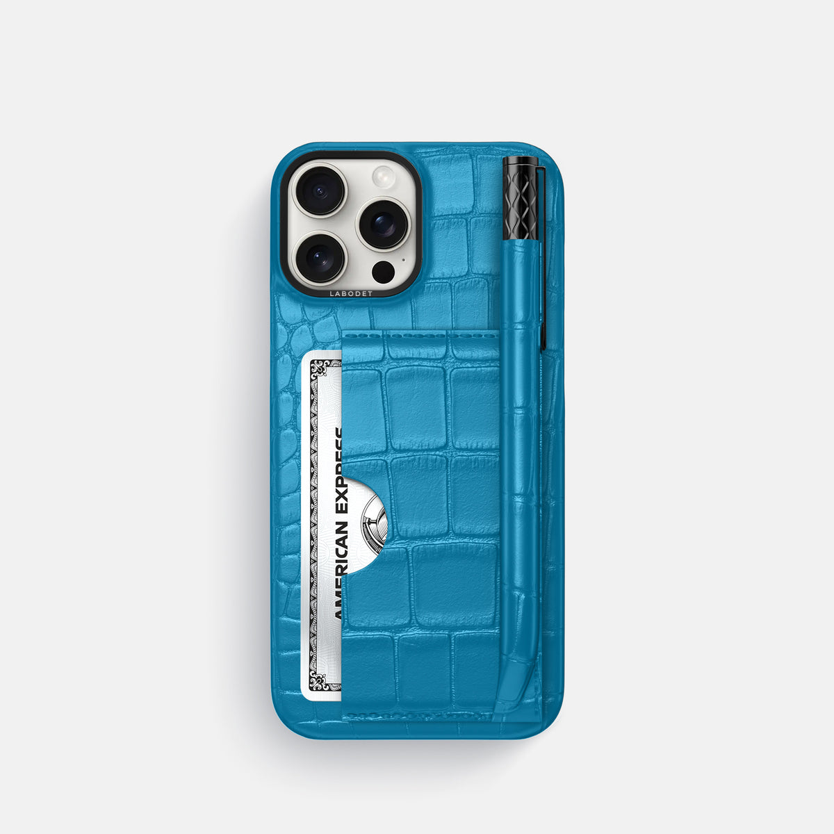 Curaçao-Blue iPhone 16 Pro Card and Pen Holder Case Alligator with Black Metal -1 | Curaçao-Blue-Black