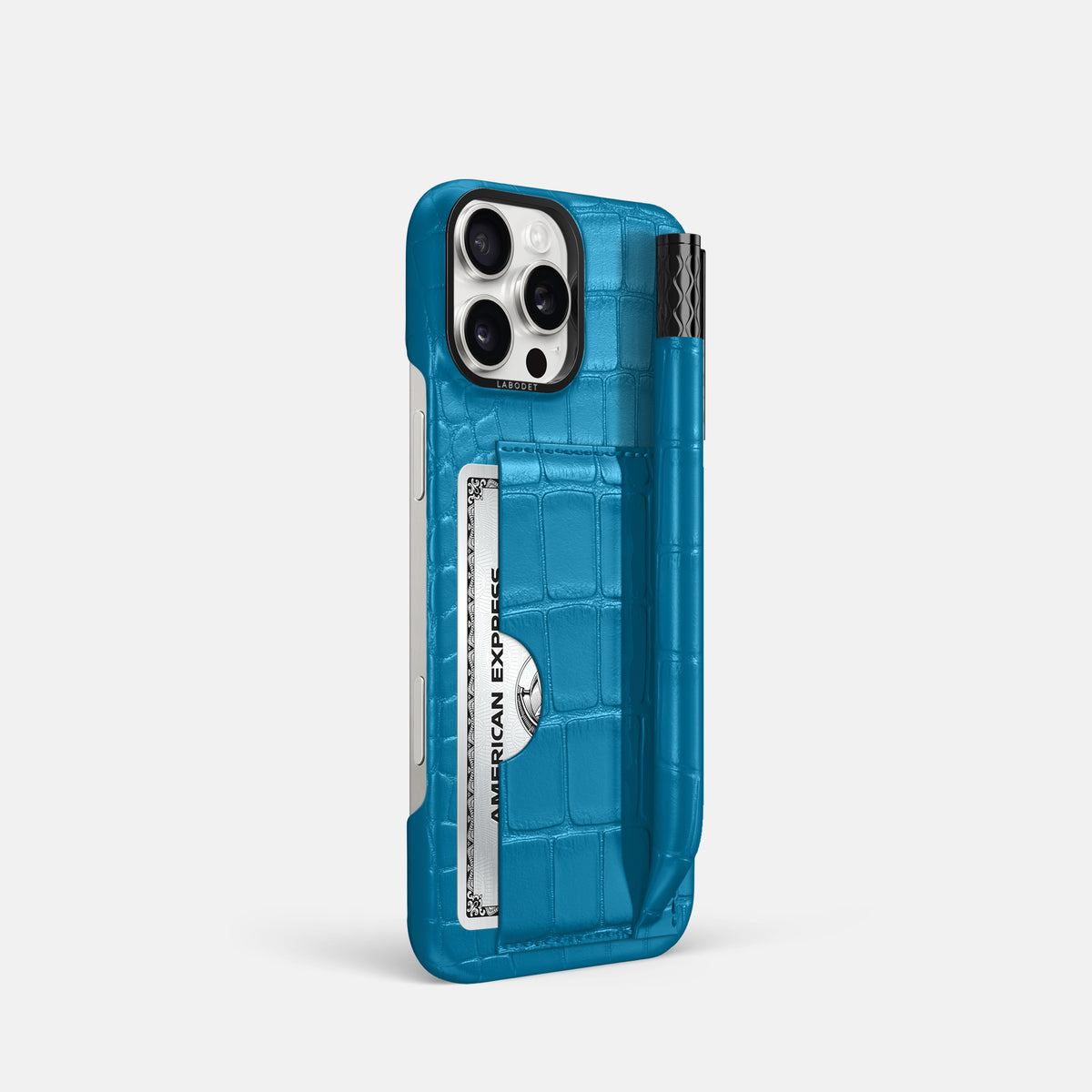 Curaçao-Blue iPhone 16 Pro Card and Pen Holder Case Alligator with Black Metal -2 | Curaçao-Blue-Black