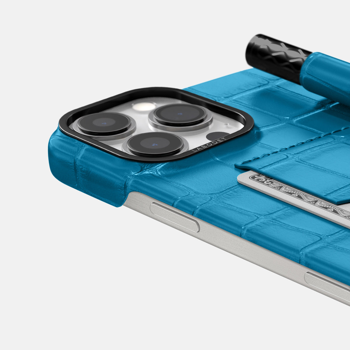 Curaçao-Blue iPhone 16 Pro Card and Pen Holder Case Alligator with Black Metal -4 | Curaçao-Blue-Black