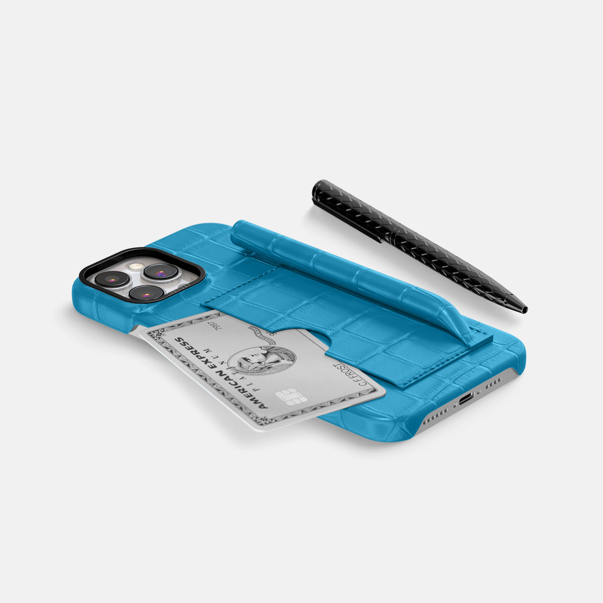 Curaçao-Blue iPhone 16 Pro Card and Pen Holder Case Alligator with Black Metal -5 | Curaçao-Blue-Black