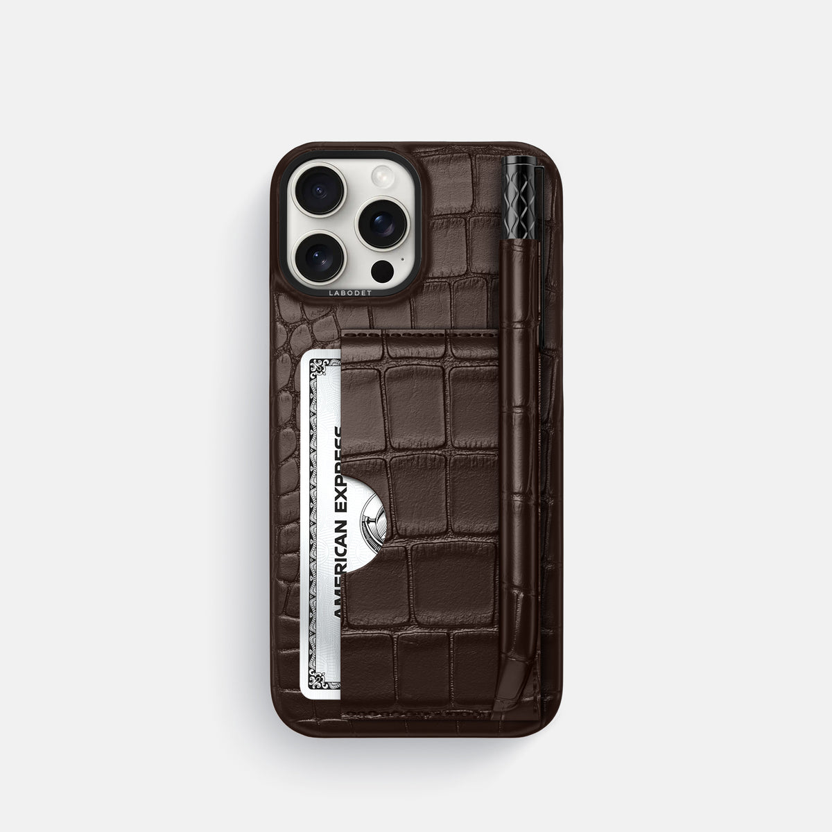 Dark-Brown iPhone 16 Pro Card and Pen Holder Case Alligator with Black Metal -1 | Dark-Brown-Black