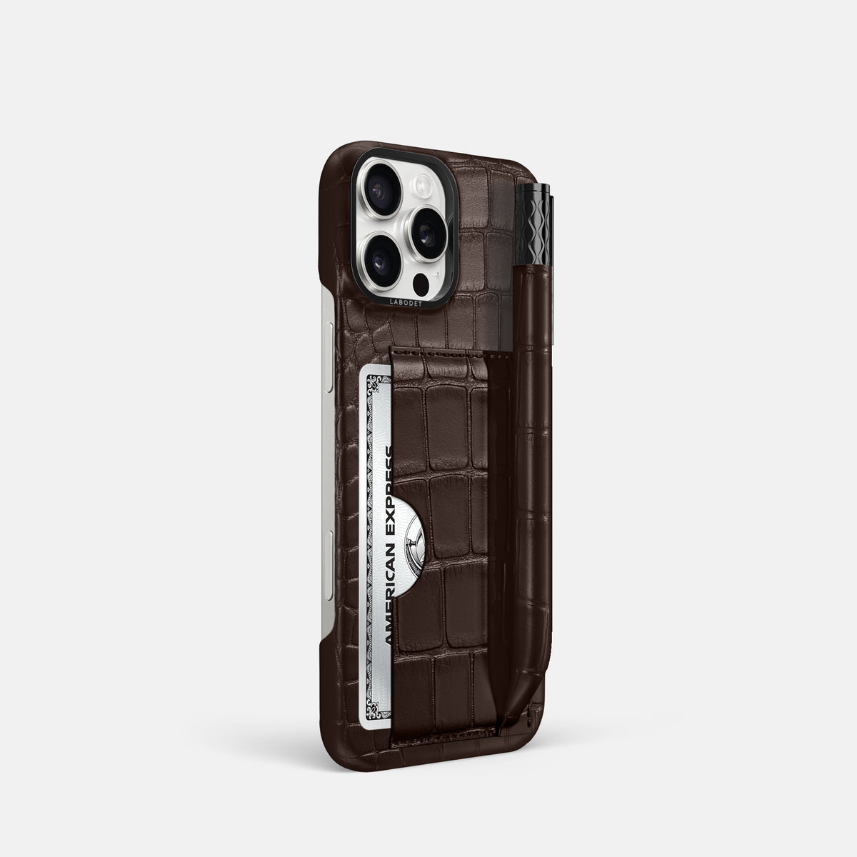 Dark-Brown iPhone 16 Pro Card and Pen Holder Case Alligator with Black Metal -2 | Dark-Brown-Black