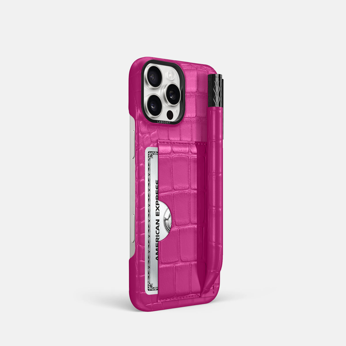 Fuchsia iPhone 16 Pro Card and Pen Holder Case Alligator with Black Metal -2 | Fuchsia-Black