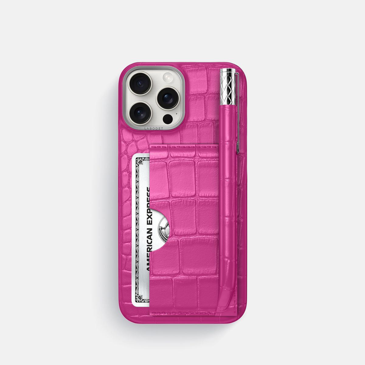 Fuchsia iPhone 16 Pro Card and Pen Holder Case Alligator with Steel Metal -1 | Fuchsia-Steel