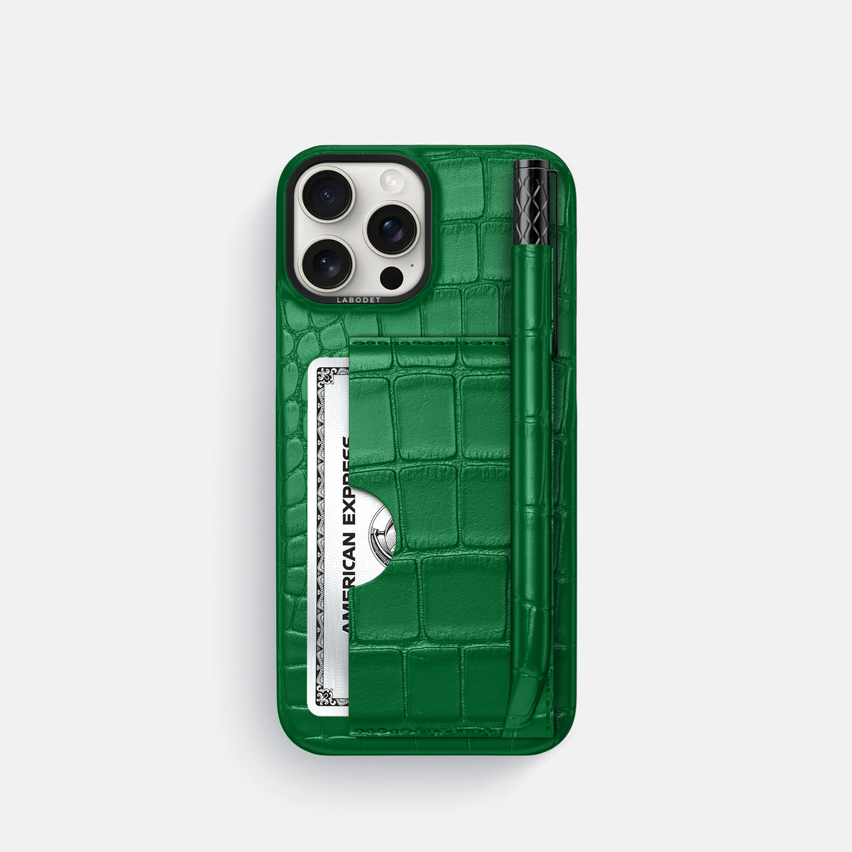 Forest-Green iPhone 16 Pro Card and Pen Holder Case In Alligator with Black Metal -1 | Forest-Green-Black