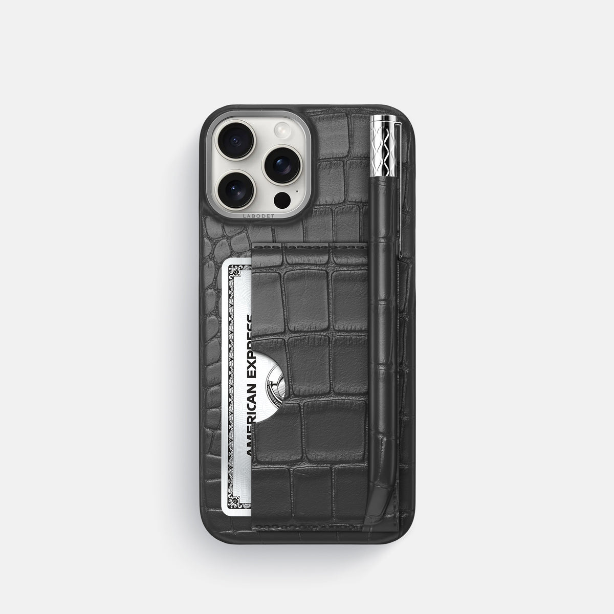 Grey iPhone 16 Pro Card and Pen Holder Case Alligator with Steel Metal -1 | Grey-Steel
