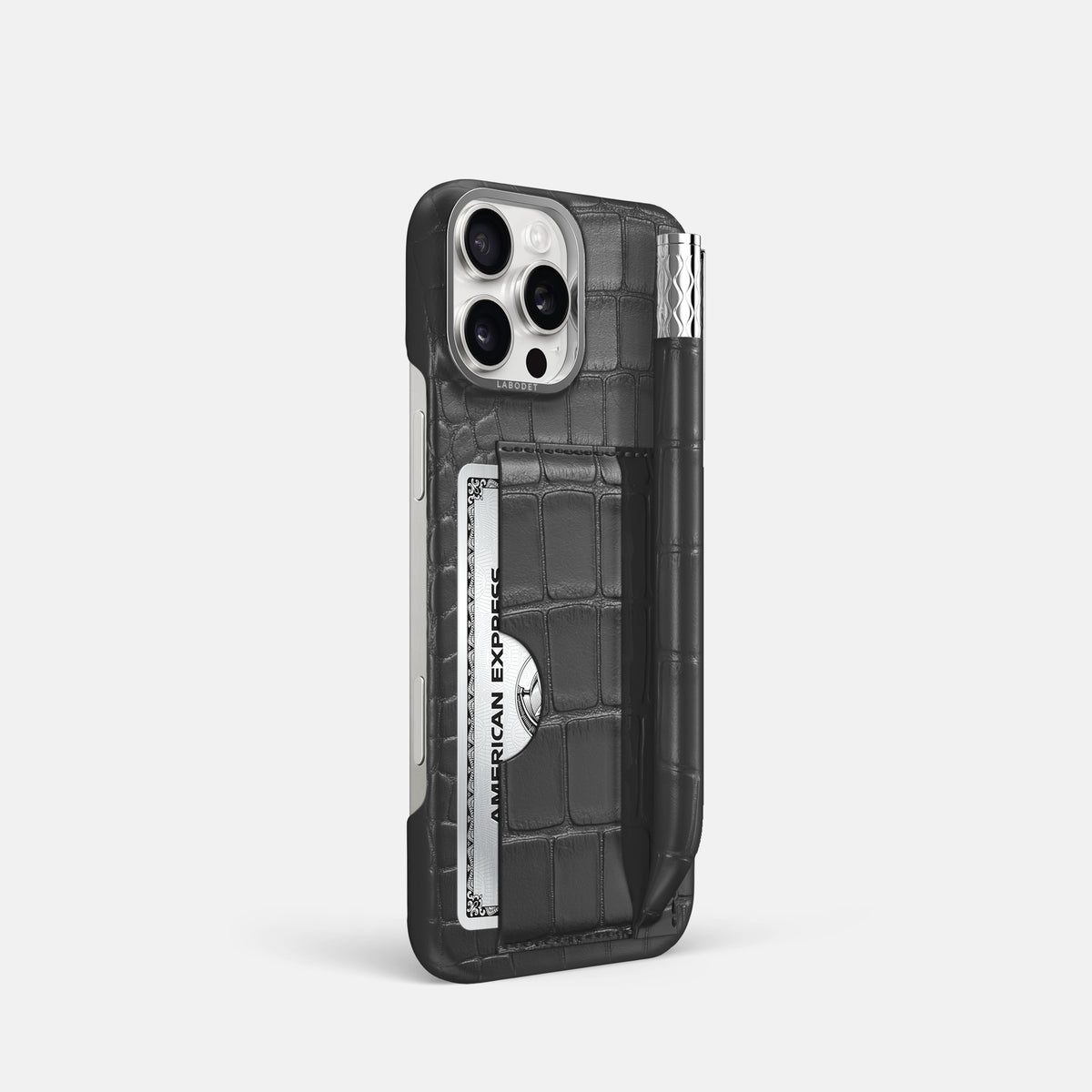Grey iPhone 16 Pro Card and Pen Holder Case Alligator with Steel Metal -2 | Grey-Steel