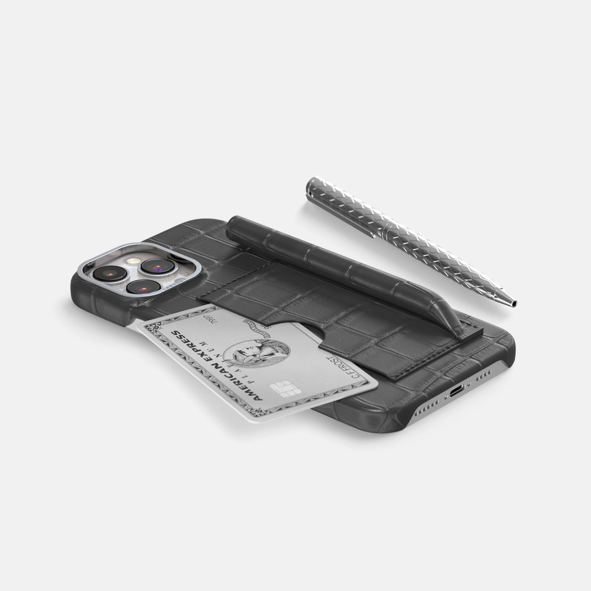 Grey iPhone 16 Pro Card and Pen Holder Case Alligator with Steel Metal -5 | Grey-Steel