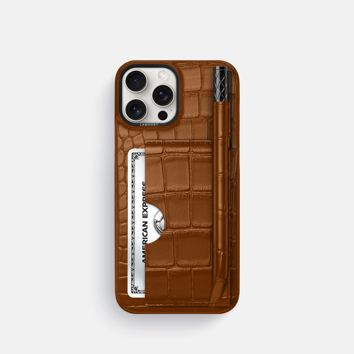 Honey iPhone 16 Pro Card and Pen Holder Case Alligator with Black Metal -1 | Honey-Black