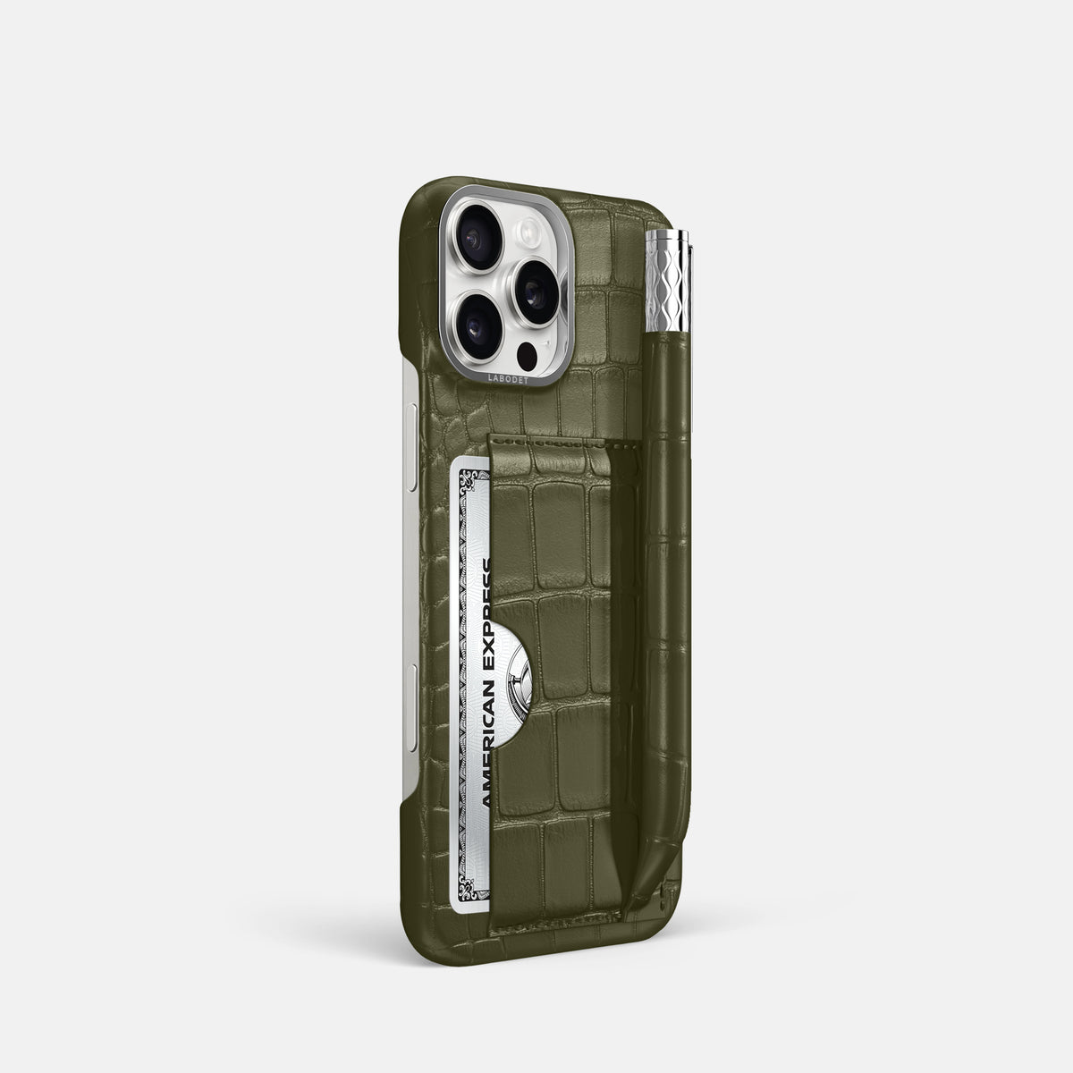 Kaki-Green iPhone 16 Pro Card and Pen Holder Case Alligator with Steel Metal -2 | Kaki-Green-Steel