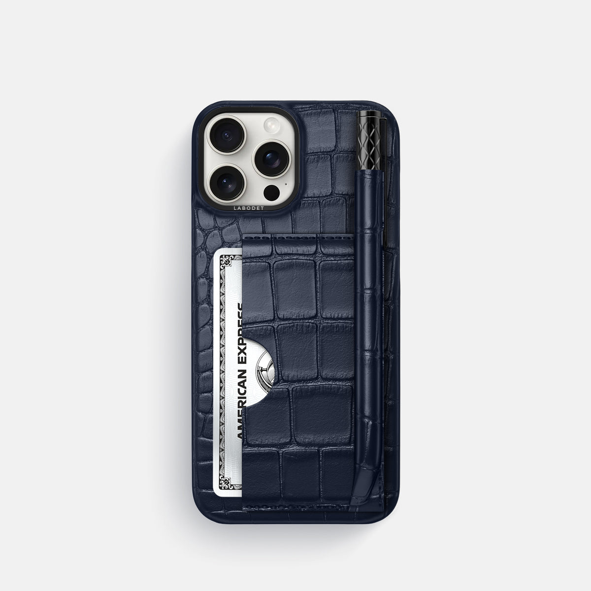 Navy Blue iPhone 16 Pro Card and Pen Holder Case Alligator with Black Metal -1 | Navy-Blue-Black