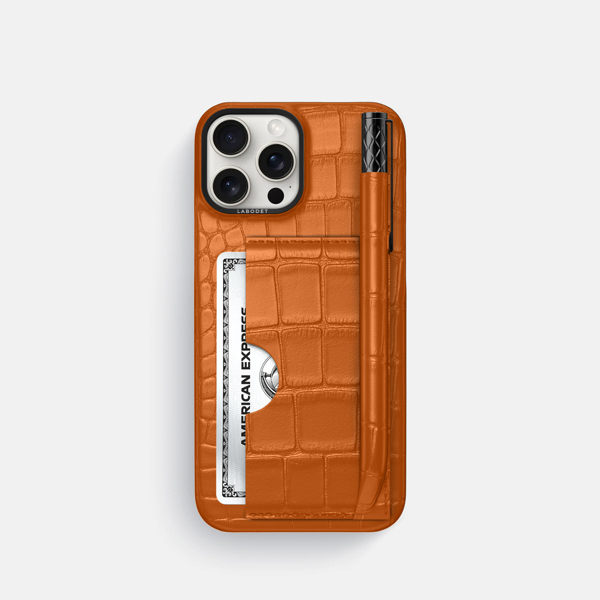 Orange iPhone 16 Pro Card and Pen Holder Case Alligator with Black Metal -1 | Orange-Black